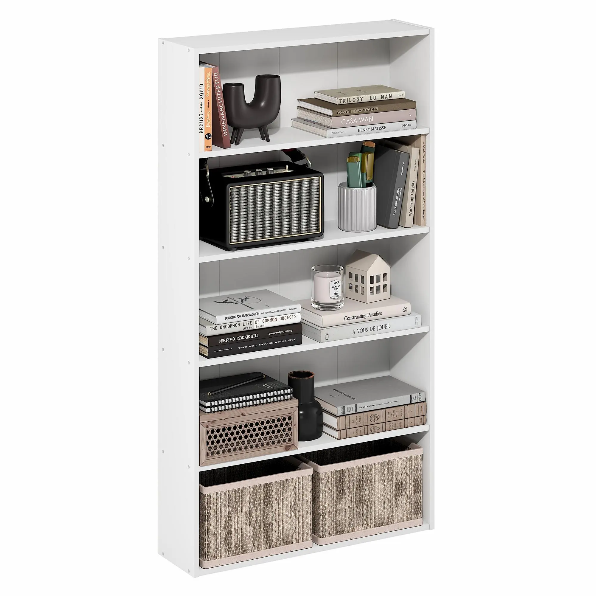 White Contemporary 5-Tier Composite Wood Bookshelf - 6.6(d)x23.6(w)x43.7(h)in Open Cube Organizer, 10 lbs each shelf, 20 lbs bottom shelf capacity, assembly required, durable/minimal/bookshelf design shelving & storage, for living room, home office
