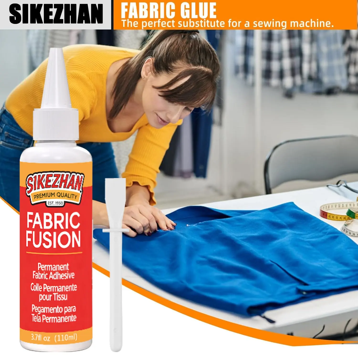 SIKEZHAN Fabric Fusion Permanent Fabric Adhesive, Long Lasting Adhesive Super Strong Adhesion Washable Cloth Glue with Scraper Tool for Clothing Repairs Denim Leather Patching Upholstery Crafting Clear Fast Drying Sewing Kit