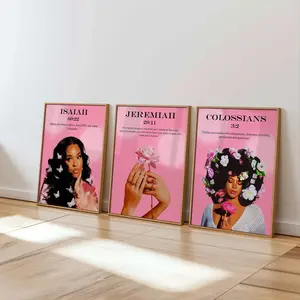 Set 3 Pink Bible Verse Print, Christian Wall Art, Girl Room Decor, Black Woman Art, Home Decor