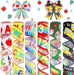 6 Rolls 30 Yards Back to School Wired Edge Ribbons Teacher Ribbons School Themed Decorative Fabric Ribbon School Supplies Pattern Wrapping Ribbon for DIY Crafts Bow Wreath Sewing Gift