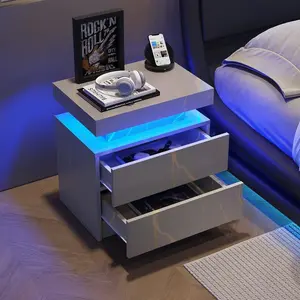 Nightstand LED Bedside Table Cabinet Lights Modern End Side with 2 Drawers for Bedroom (Grey Gold) Nightstand LED Bedside Table Cabinet Lights Modern End Side with 2 Drawers for Bedroom (Grey Gold)