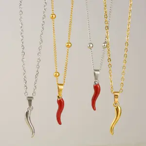 1Pc Stainless Steel Women Italian Lucky Horn Chili Pendant Necklaces Personality Red Hot Pepper Men Grunge  Collares Jewelry