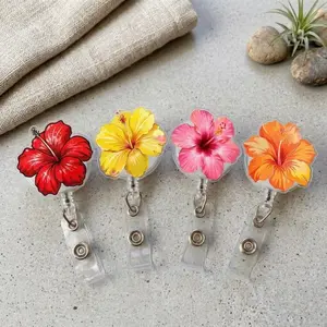 Tropical Hibiscus Flower Badge Reel And Phone Grip - Aesthetic Floral Retractable ID Holder - Cute Summer Scrub Accessory Gift