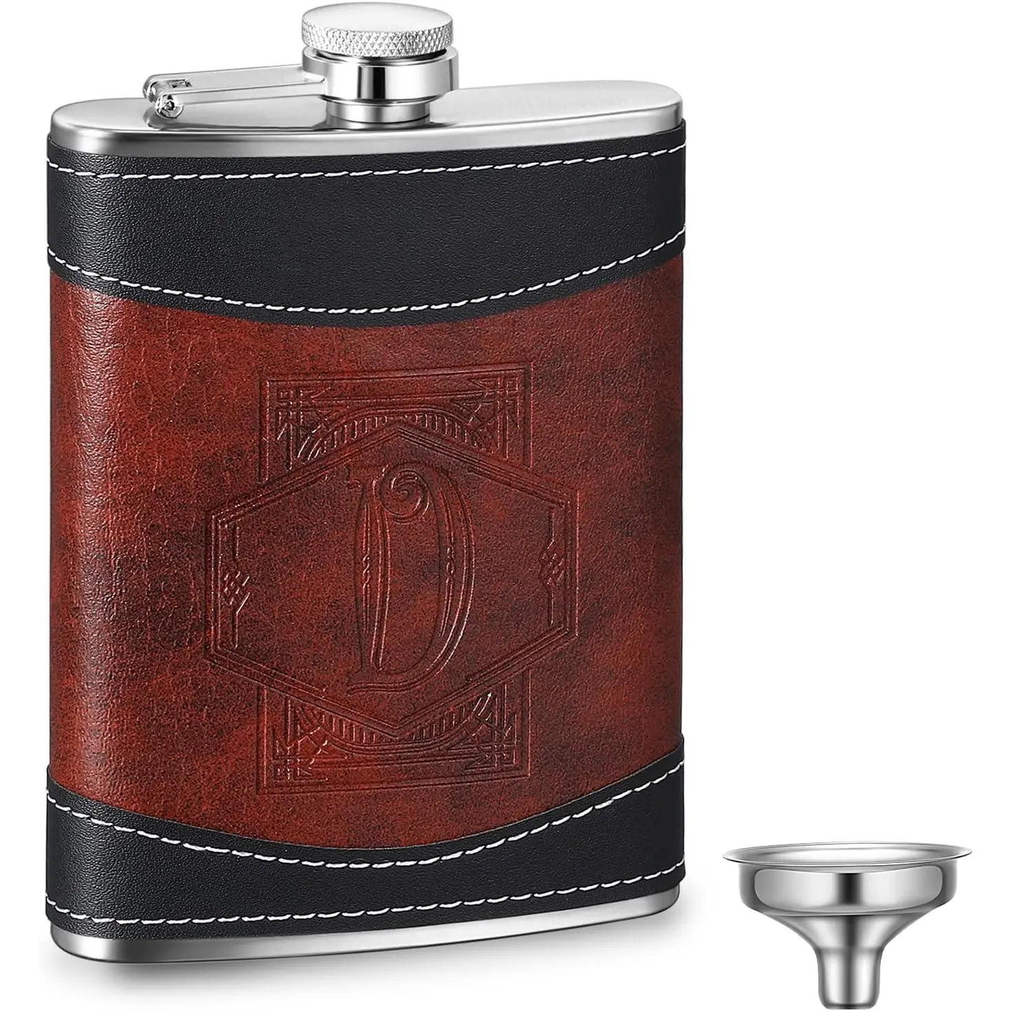 Personalized Groomsmen Flask 8 oz Stainless Steel   Flask for Men Leather Father's Day Gift for Dad Grandpa Birthday Wedding(Letter D)