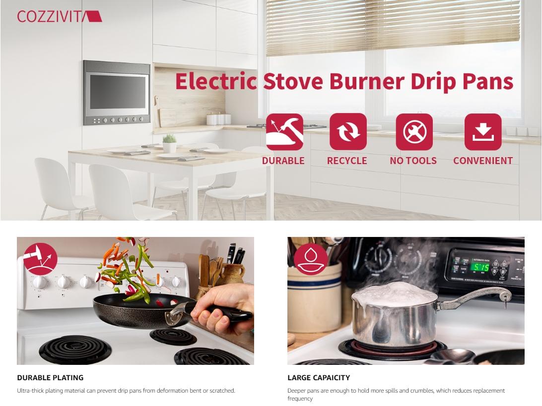 Black Stove Burner Drip Pans for Electric Stove Top - 318067051 5304430150 Perfectly Fit Frigidaire Kenmore Electric Range - 10% Energy Save by Enamel Spraying -2 x 6 in, 2 x 8 in