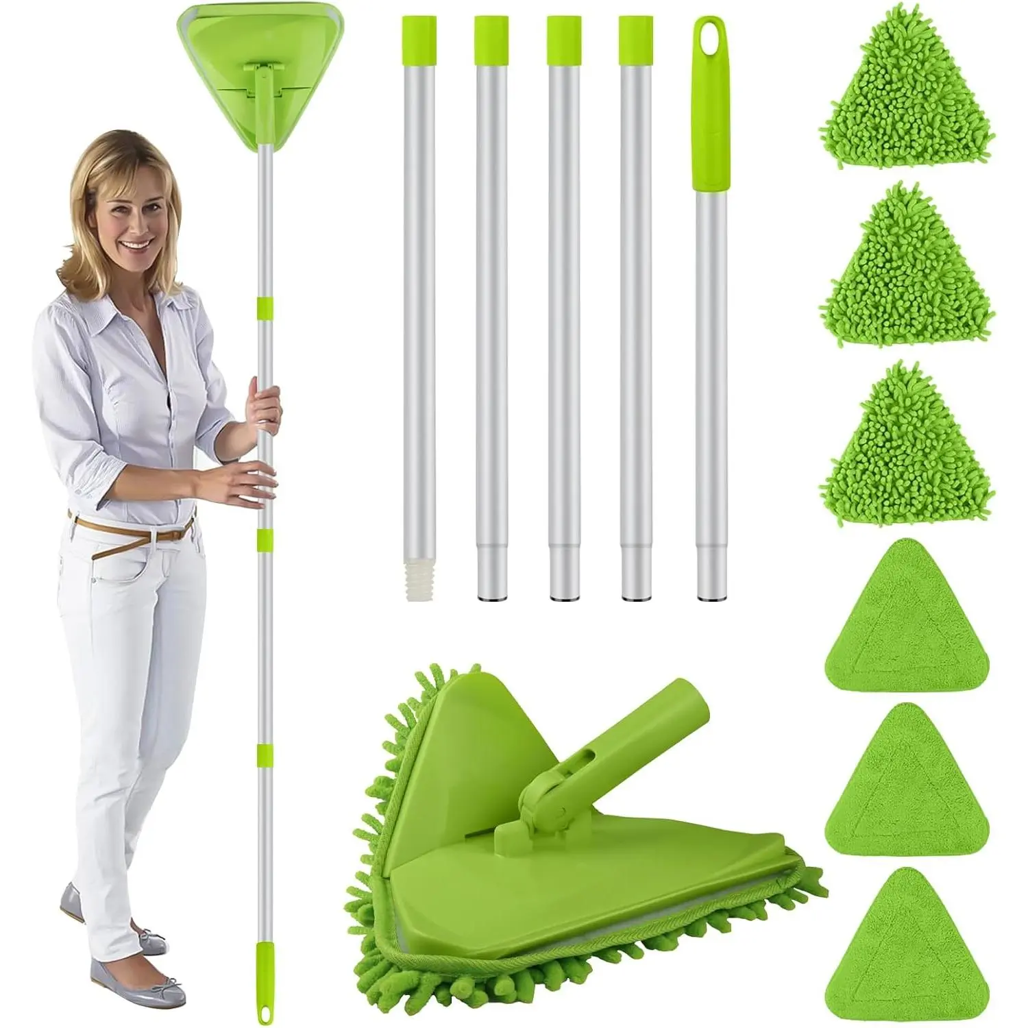 3-in-1 Adjustable Wall & Baseboard Cleaner Mop Tool, 82-in Long Handle, 360-Degree Rotating Duster for Painted Walls, Floors, 6 Replacement Microfiber Chenille Pads