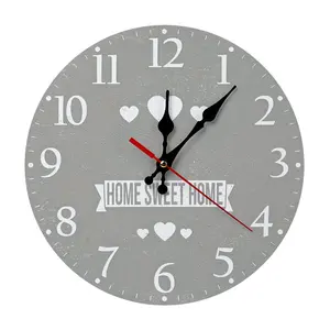 Grey Home Sweet Home Wooden Wall Clock |12 Inch Silent Sweep Movement Heart Design for Living Room, Bedroom, Entryway Decor,  Battery Not Included