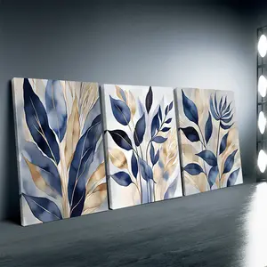 3-Piece Abstract Leaf Triple Panels Wall Art, Waterproof Glossy Blue Gold-Blue Watercolor Prints, Wooden Framed Flat Effect, Indoor Decor for Home Decoration (Living Room, Kitchen), Artistic, Leaf Floral Print