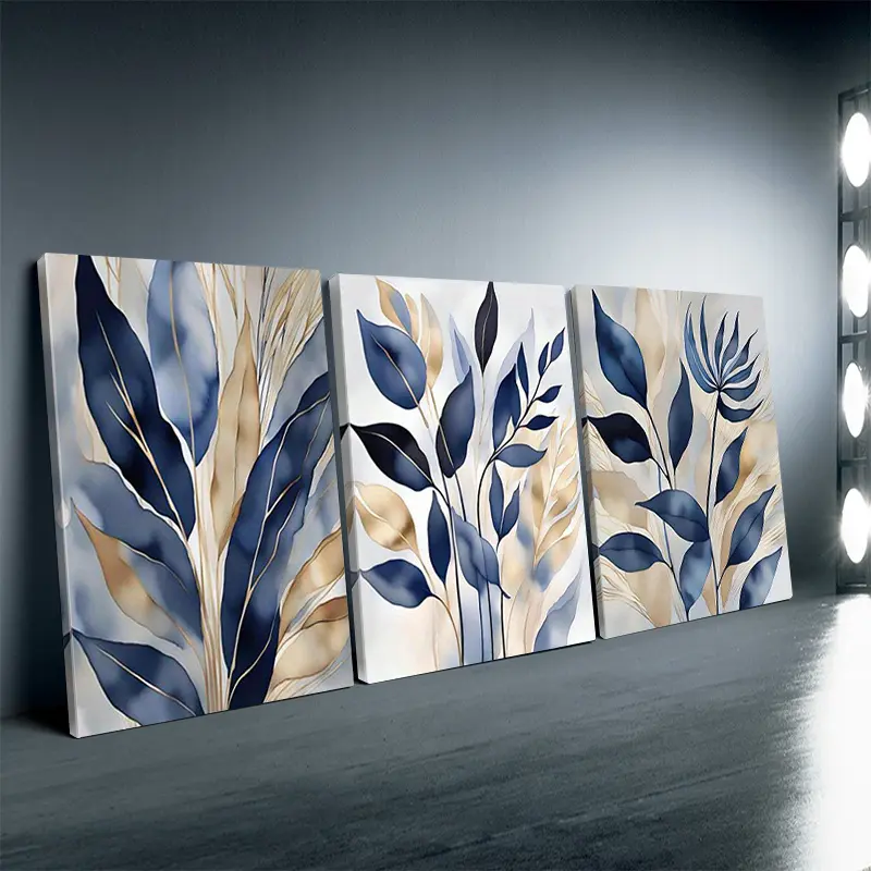 Home Supplies 3-Piece Abstract Pattern Print Wall Art Set - Waterproof Glossy Blue Gold Watercolor Posters, Wooden Framed Flat Effect, Unframed Art Print Option, Living Room Decor