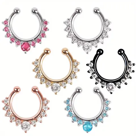 6PCS Bohemian Non-Piercing Faux Nose Piercing Hoops Exquisite Shiny Cubic Zirconia Nose Ring No Piercing Needed Women & Men Vacation Travel Beach Jewelry