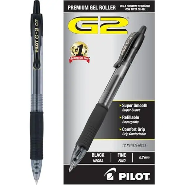 PILOT G2 Pens, Premium Refillable and Retractable Rolling Ball Gel Pens, Fine Point, 0.7mm, Black Ink, 12-Pack