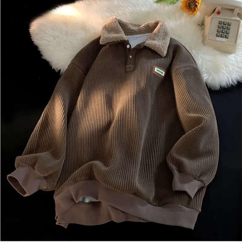 Men's Corduroy Sweatshirt, Simple Vintage Retro Long-Sleeve Pullover with Polo Collar, Plain Casual Style Outerwear for Couples, Longsleeves, Fashion, Casual Basic Fashion, Valentines Day, Menswear, Tops, Clothes, Fitted, Solid Plain, Pullover Top, Polo B