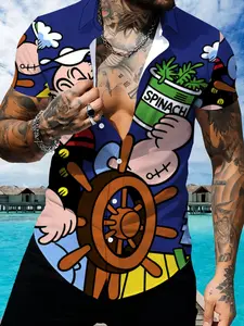 Popeye Cartoon Printed Hawaiian Shirt, Men's Short Sleeve Casual Shirt, Comic Pattern Beach Vacation Top