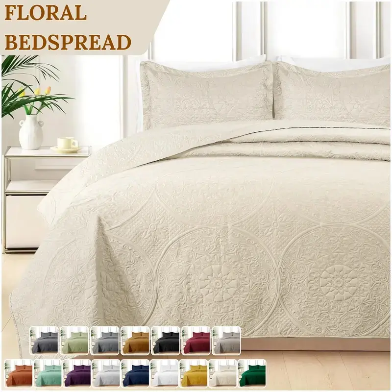 Lightweight  Cream color Quilted Bedspreads all sizes Bed - 3 Piece Oversized Bedspread  - Soft Bedding Set with 2 Matching Pillow Shams - Best For Gift