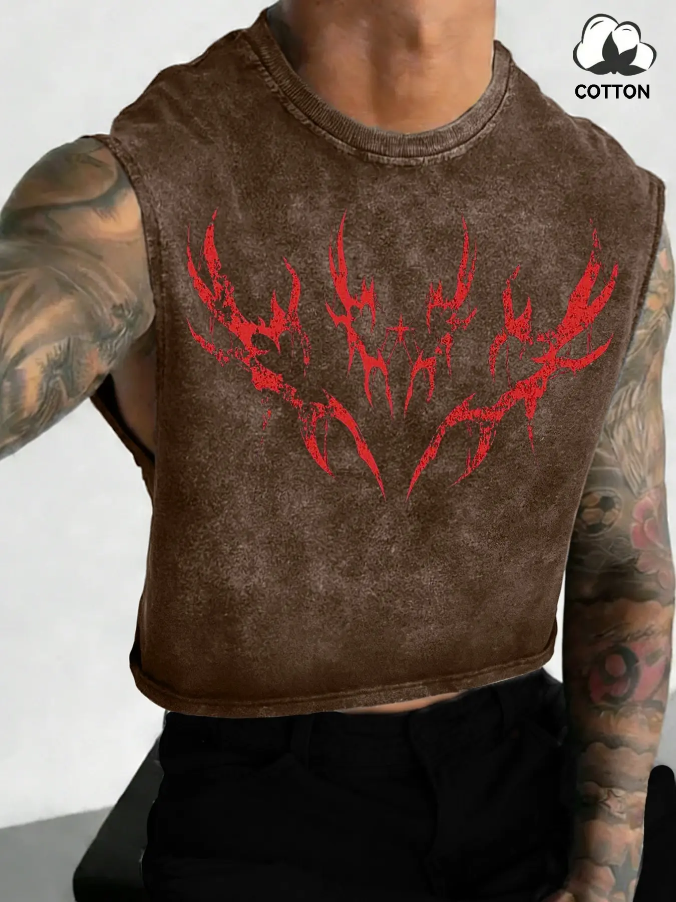 Men's Muscle Tank Top Sleeveless Thorn Totem Print, Vintage Washed Distressed Craftsmanship, Soft Cotton Loose Fit Short Fitness Workout Training Shirt, Menswear