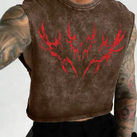 Men's Muscle Tank Top Sleeveless Thorn Totem Print, Vintage Washed Distressed Craftsmanship, Soft Cotton Loose Fit Short Fitness Workout Training Shirt, Relaxed Fit Printed, Menswear