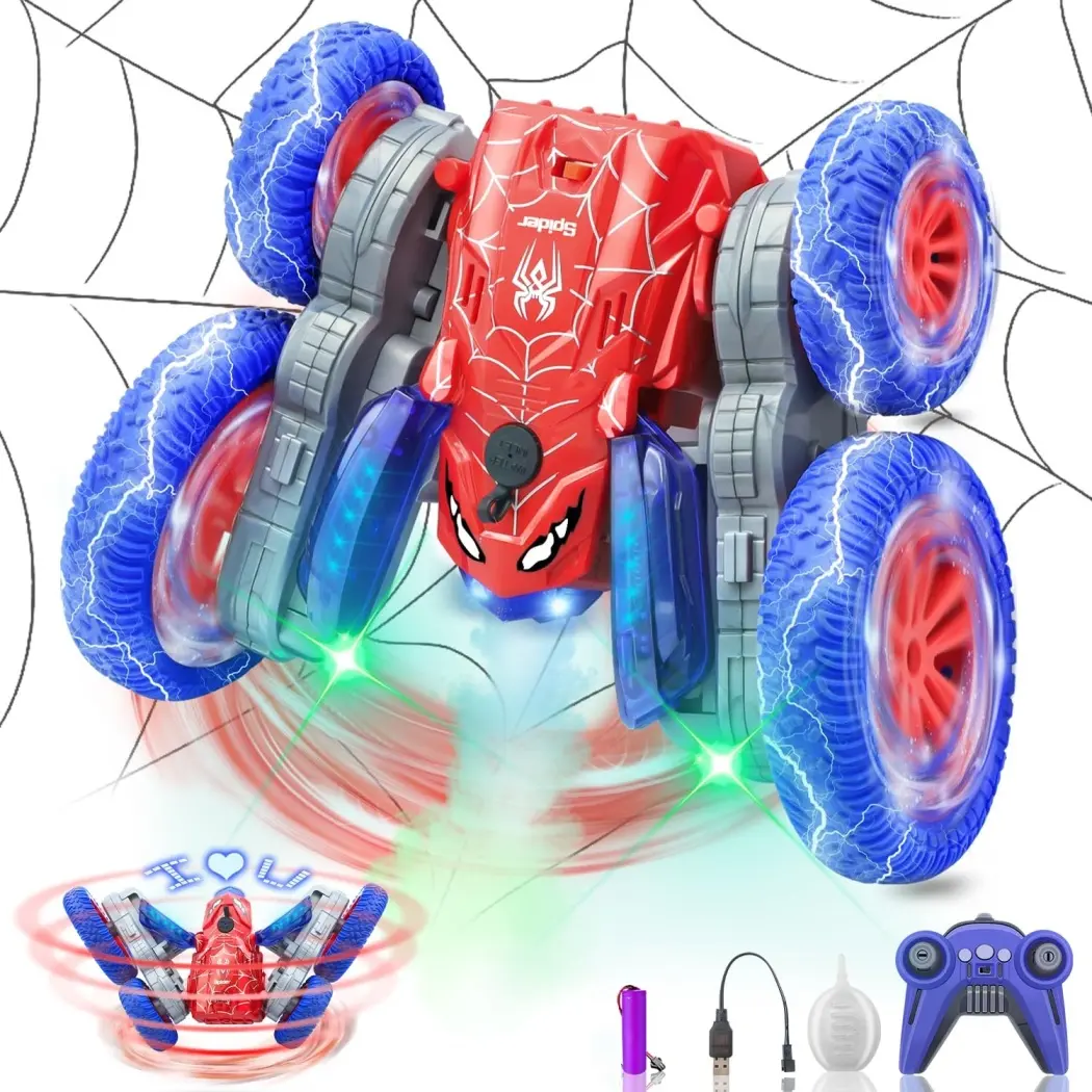 4WD Spider RC Stunt Car with LED Lights & Cool Spray Effect, 360° Rotatable Flip Off Road Remote Control Toy Vehicle, 2.4Ghz Hobby RC Car Gift for Kids Boys Girls Ages 6-12,mater toy car kid,fun interactive toy,model collection gift,collectible model car