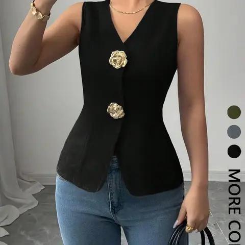 Flower Button Vest Top Gilet, Plain Waistcoat, Aesthetic Elegant Office Chic Sleeveless Fitted Waist Blouse for Women, Fashion Vest Sleeveless, Womenswear