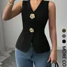Flower Button Vest Top Gilet, Plain Waistcoat, Aesthetic Elegant Office Chic Sleeveless Fitted Waist Blouse for Women, Fashion Vest Sleeveless, Womenswear