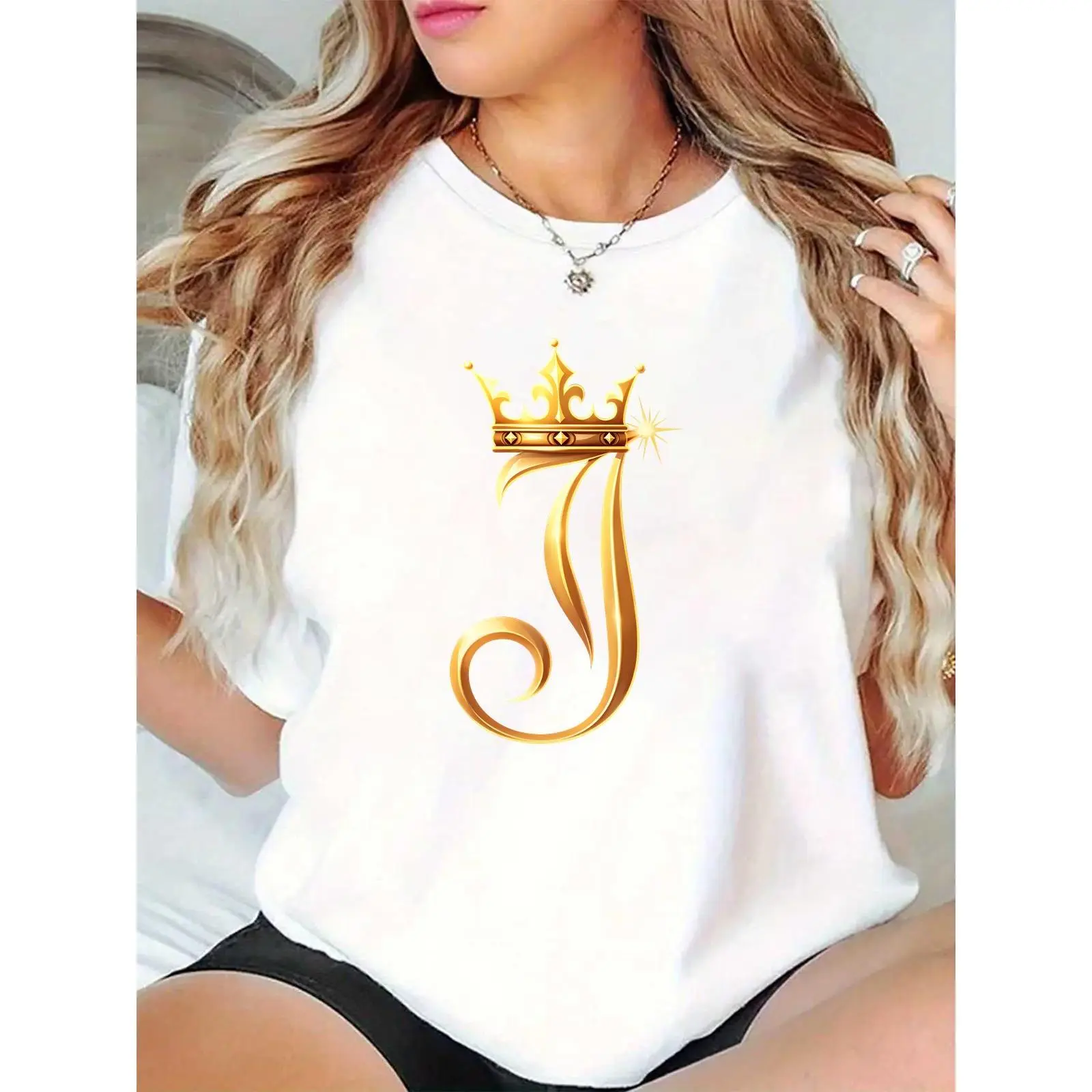 Women's 100% Cotton Casual Relaxed Fit Crew Neck T-Shirt, Lightweight Breathable Top with Gold Crown & J Initial Graphic, Pairable with Skirts