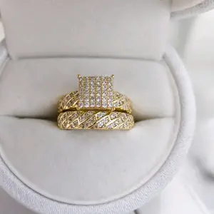 14K Gold Laminated Wedding Ring Set – Square CZ Diamond Cluster, Elegant Bridal Set for Women