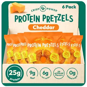 CRISP POWER Protein Pretzels, NEW Cheddar, 25G Protein, High Protein Snack, High Fiber, Low Carb Crunchy Pretzel Snacks, No Added Sugar, 1.75 oz Bags, 6 Pack, Vegan, Keto