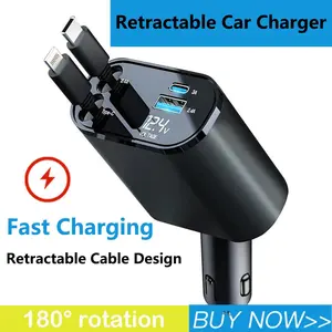 4 in 1 Retractable Car Charger, USB C Fast Charging Adapter with Lightning Cable Compatible with iPhone 16/15/14/13 Pro Max Plus, Samsung S23/S22/S10