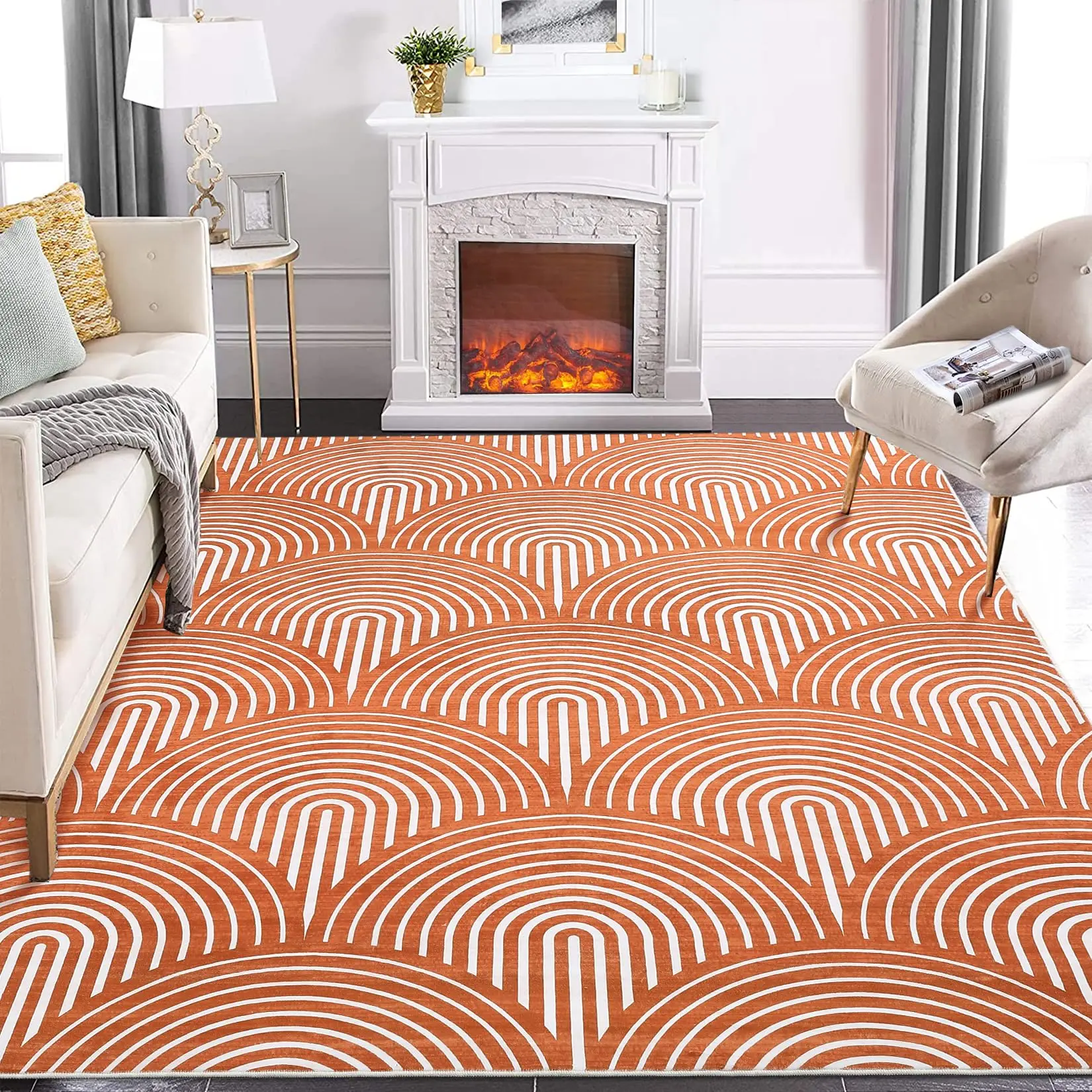 【GARVEE】Washable Rug 5x7 Rug Non Slip Backing Bedroom Rug Modern Abstract Area Rugs for Living Room Indoor Soft Faux Wool Low Pile Non-Shedding Accent Rug for Dining Room Nursery Home Office Orange