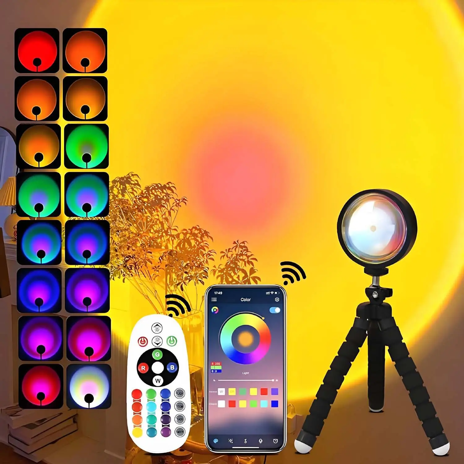 RGB LED Sunset Projection Lamp - Compact Plastic Mood Light with Stable Tripod, Wireless Remote, App Control, Dimmable Glow, for TikTok Content Creation, Creative Projects, Sunset Lamp Dorm, Projection Light Novelty Lighting