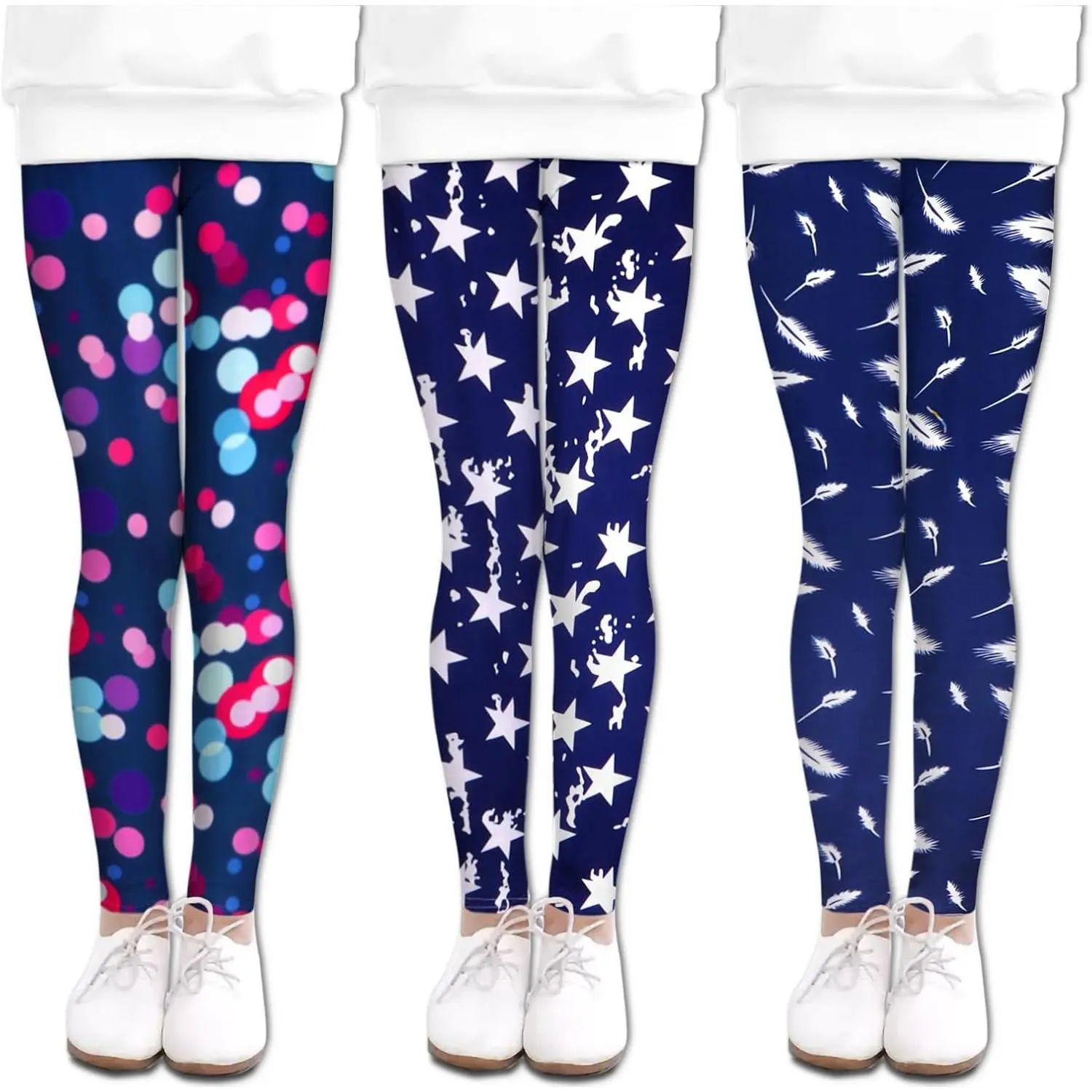 Girls' Graphic Print Leggings, Buttery Soft Polyester Justice Style Athletic Tights with Elastic Waistband for School, Dance & Gymnastics, Comfy, Footless, Bright, Colorblock, Elastic Band, Anti-Wear, Fitted, Bottom Pants, Secure Fit, Super Stretch, 30 Fe