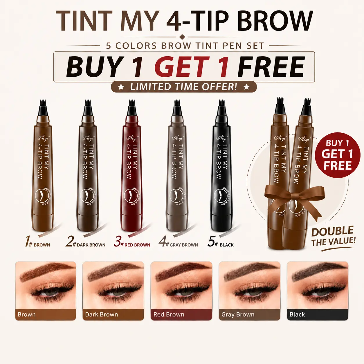 4 Tip Microblading Eyebrow Pen, Waterproof Brow Tint Marker with Natural Hair-Like Strokes, Long Lasting Liquid Eyebrow Makeup for Fuller Defined Brows