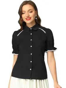 INSPIRE CHIC Vintage Peter Pan Collar Short Sleeve Button Down Shirt Blouse
