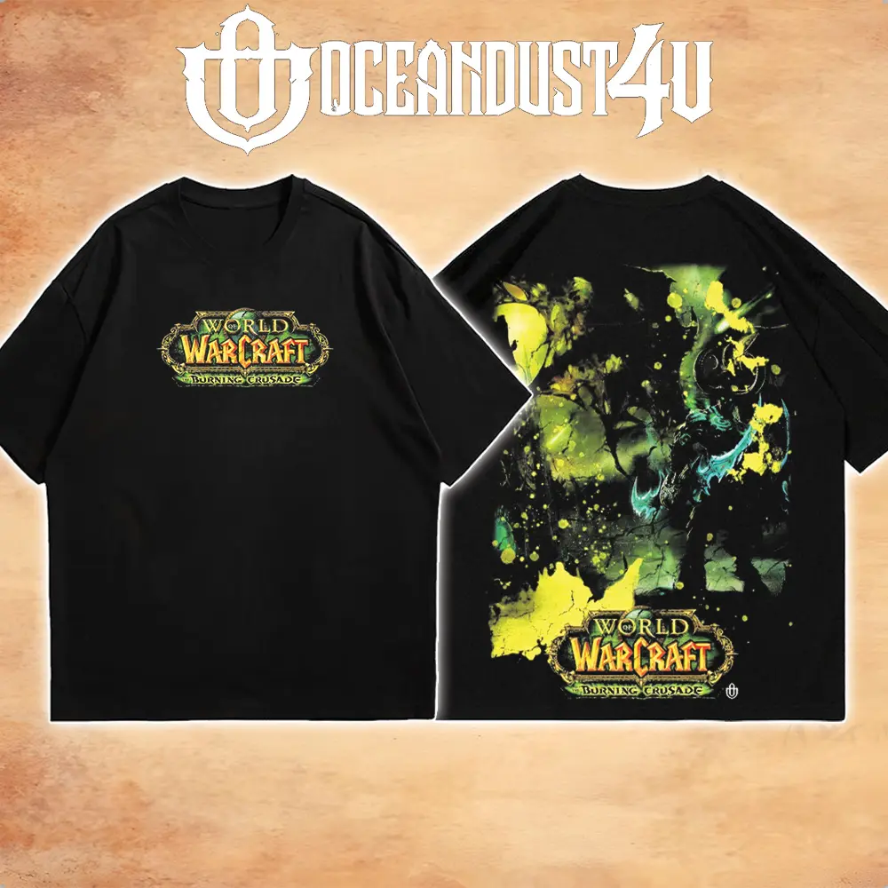 OceanMOB4U World of Warcraft The Burning Crusade Illidan Stormrage Black T-Shirt, Front and Back Graphic Gaming Tee, Fantasy MMORPG Shirt, Unisex Gamer Gift