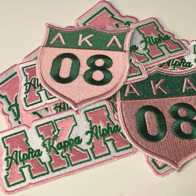 AKA Pink and Green Inspired Patches 1908 - Patch Design with Number 08 and "Alpha" Text, Handcrafted, Approximately 3x3 Inches, Perfect for Accessories