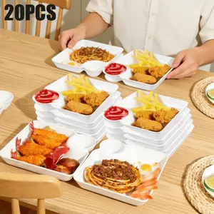 20-Piece Sturdy Reusable Food-Grade PP Snack Plates with Integrated Sauce Holders, Kitchen Tableware for Party, Family Gathering Serving (French Fries, Dumplings Dipping Meals), Snack Plate