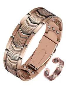 Men's Copper Bracelet and Ring Set, 3x Super Strong Magnetic, Arrow Design, 99.99% Pure Copper, Adjustable Foldable Strap