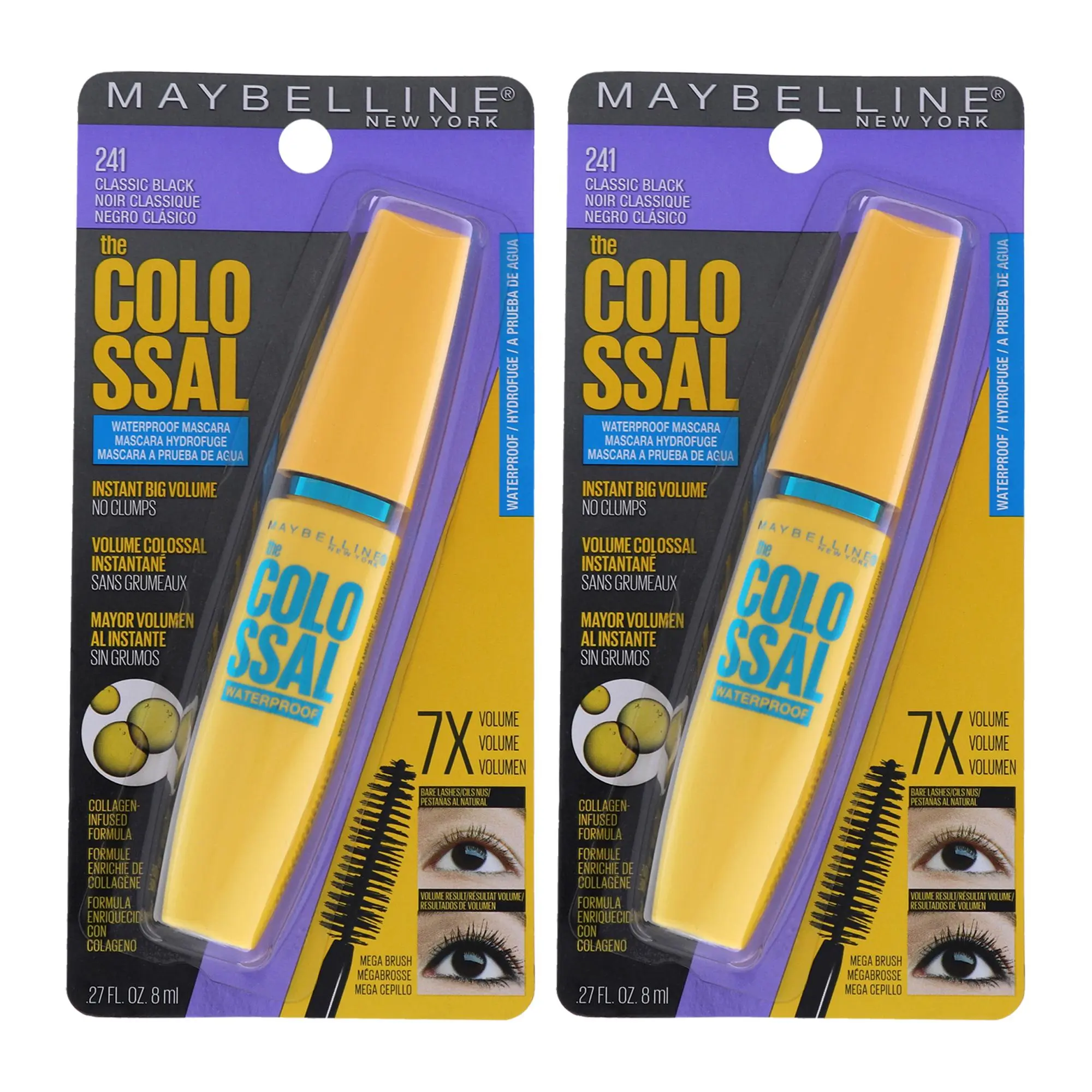 Maybelline Colossal Volum Express Waterproof Makeup Mascara - #241 Classic Black for Women - 0.27 oz, Pack of 2