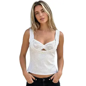 2Pcs Women Tank Tops with Lace Bra Set Sleeveless Dot PrintFit Summer Crop Vest