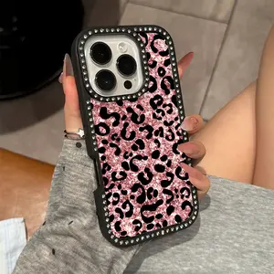 Double-side luxury rhinestone decor phone case for iPhone 17 17air 17pro 17promax 16 15 14 13 12 11 plus pro Max shockproof anti-fall full protective phone casing with creative pink leopard prints