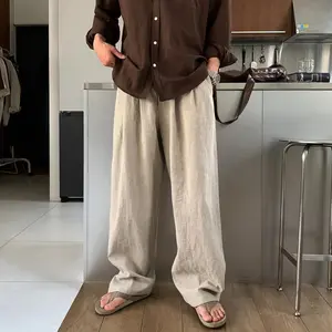 High-end Thin Light Mature Linen Blend Double Pleated Half Elastic Waist Straight-leg Casual Pants for Men