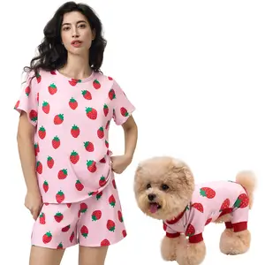 XPUDAC Matching Dog & Owner Pajamas Set for Women Short Sleeve Tee & Shorts Soft Breathable Casual Loungewear Cute Strawberry Pattern Pet Outfit