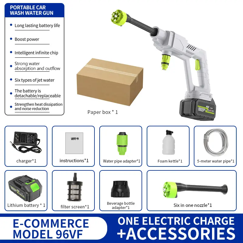 Cordless Pressure Washer with Charger Base, Black/White, 24V/48V/96V, Portable Cleaner for Car, Home & Garden Cordless Pressure Washer with Charger Base, Black/White, 24V/48V/96V, Portable Cleaner for Car, Home & Garden