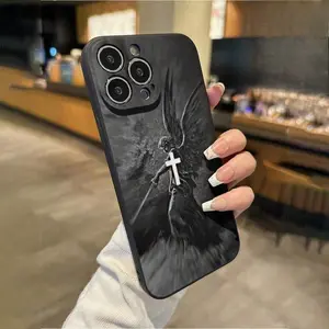 Silicone Smartphone Case for iPhone 11-17, Christian Aesthetics Cross & Judgement Angel Patterns, Pocket-Friendly Shockproof Durable Cover, Women's Cellphone Handheld Devices Accessory Gift