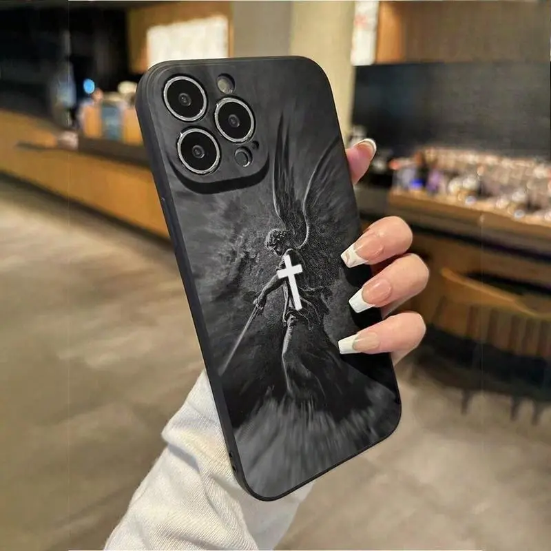 Silicone Smartphone Case for iPhone 11-17, Christian Aesthetics Cross & Judgement Angel Patterns, Pocket-Friendly Shockproof Durable Cover, Women's Cellphone Handheld Devices Accessory Gift