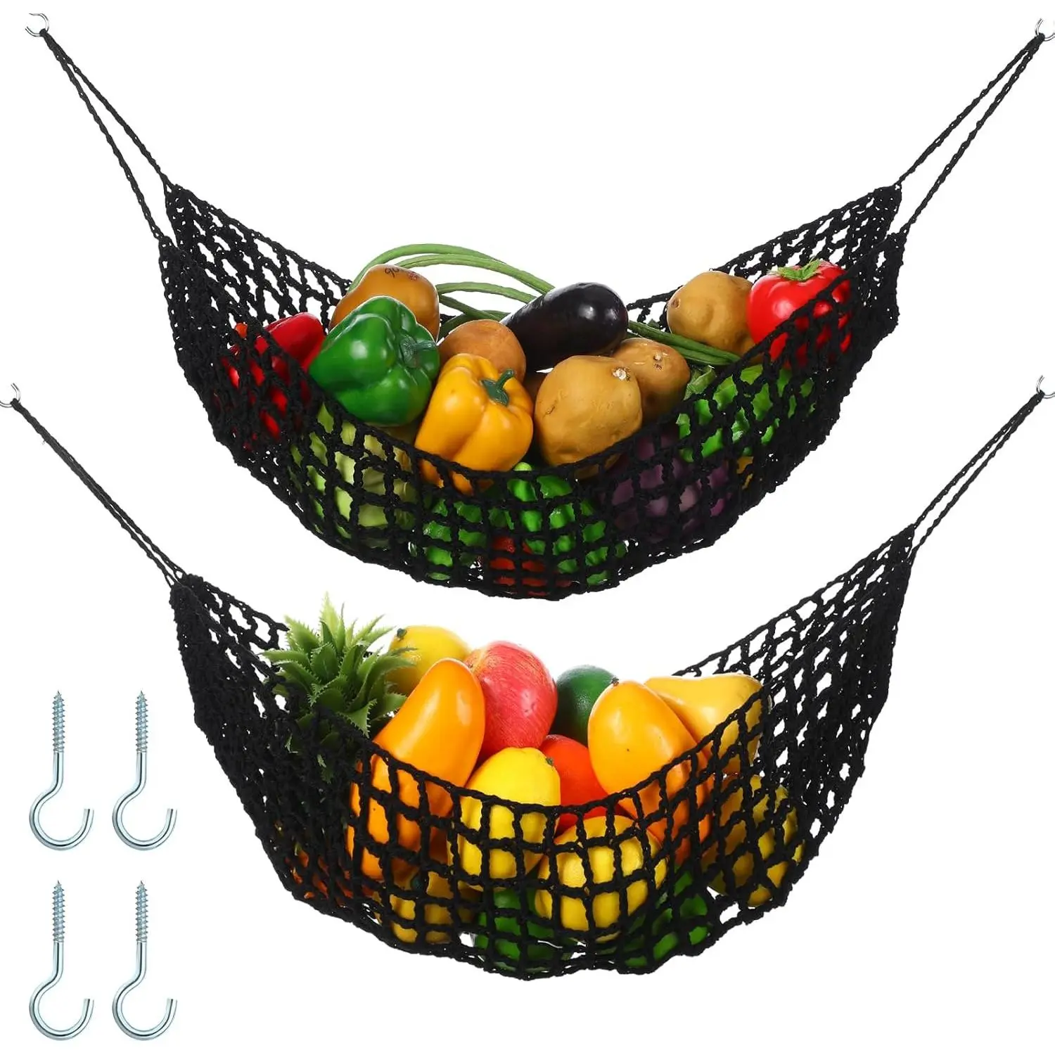 2 count 11.8 x 20 Inch Large Macrame Fruit Hammock Under Cabinet Veggie Banana Hammock  Fruit Basket Saves Counter Space for Kitchen Hand-woven Lace  Basket (Black Style)