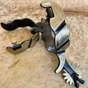 Pair Adult Size Black Steel Western Jingle Bob Spurs Engraved German Silver Accents
