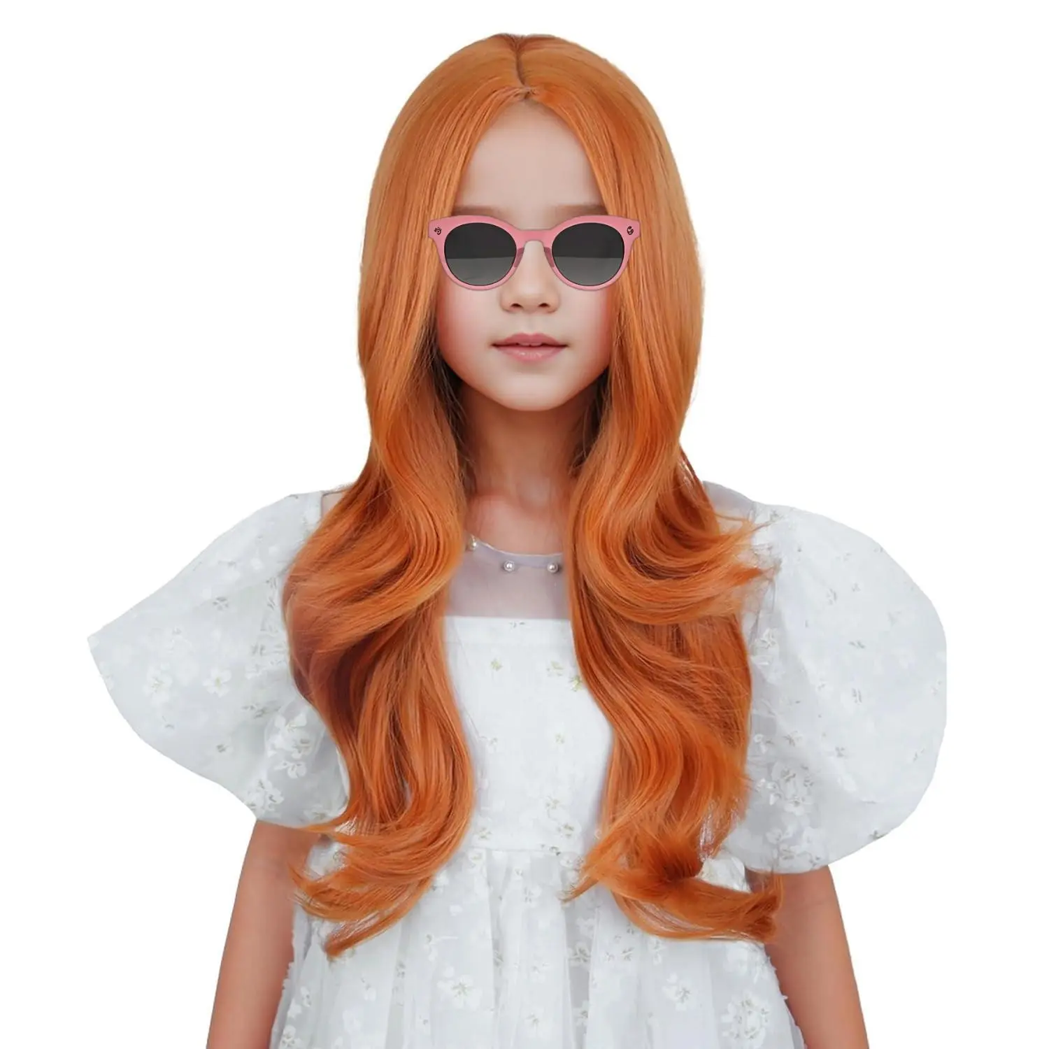 P-CPA03   Ginger Wig for Kids Girls Long Ginger Orange Wavy Curly Wig Child Long Orange Part Wigs Heat Resistant Synthetic Wigs with Cap