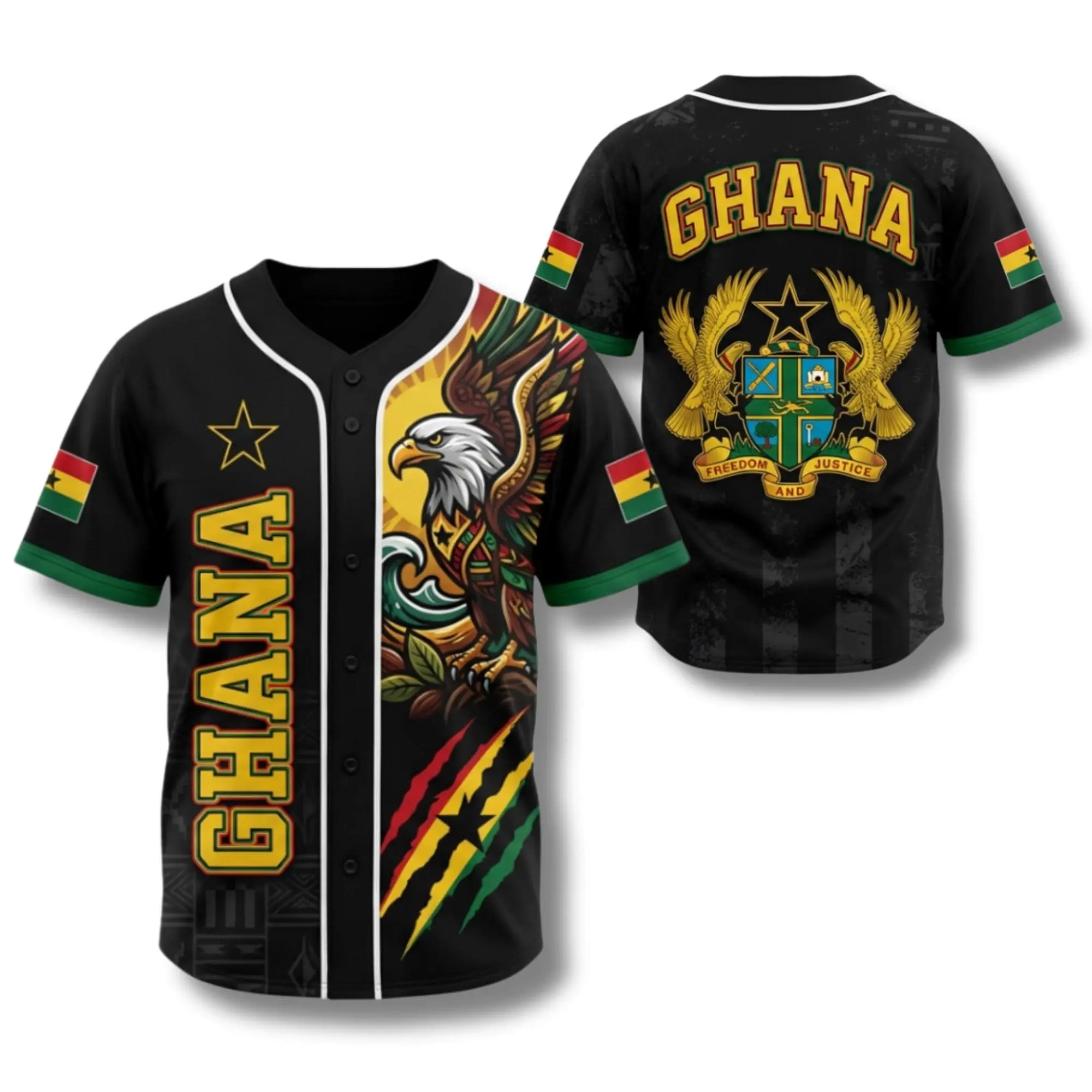 Ghana Flag Graphic Baseball Jersey  | Black Star Pride Streetwear Shirt with Eagle Art | Trendy African Culture Top