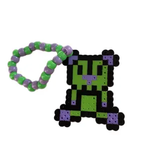 Kandi Level Up Bear Rave Kandi Perler Bracelet - PLUR Festival Wear with Colorful Beads, Green and Purple Design