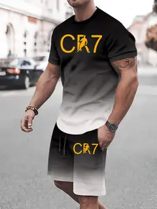 Men's Cr7 Football Sports Set, Summer Gradient Dry Short Sleeve Shorts, Youth Cristiano Ronaldo Training Jersey Shorts Two-Piece Set